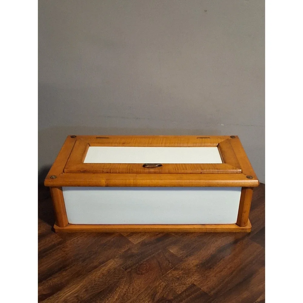 Vintage Germany Tiger Maple Wood and White Ceramic Bread Box Storage Container